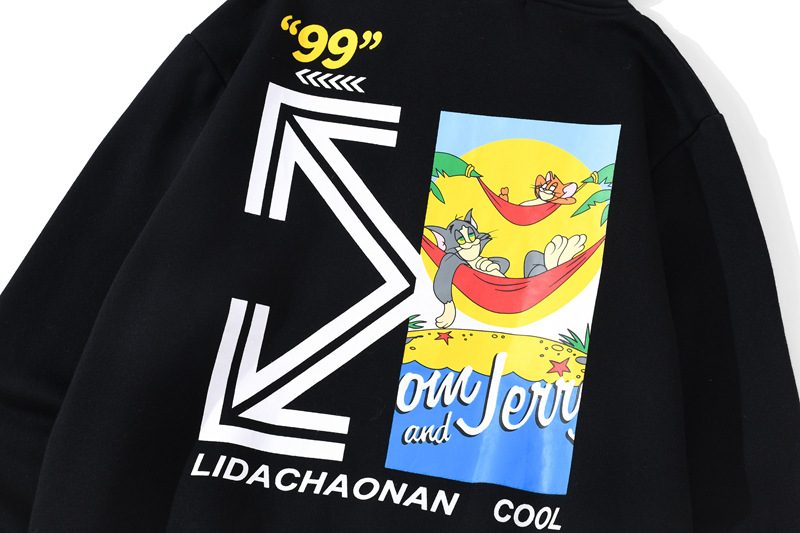 一件代发 欧美潮牌off white猫和老鼠印花休闲宽松连帽加绒卫衣
