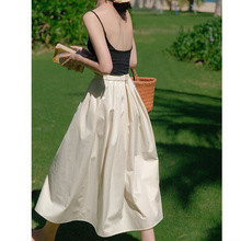 非常优雅的奶油米色高腰褶皱蓬蓬法式半身裙伞裙夏季