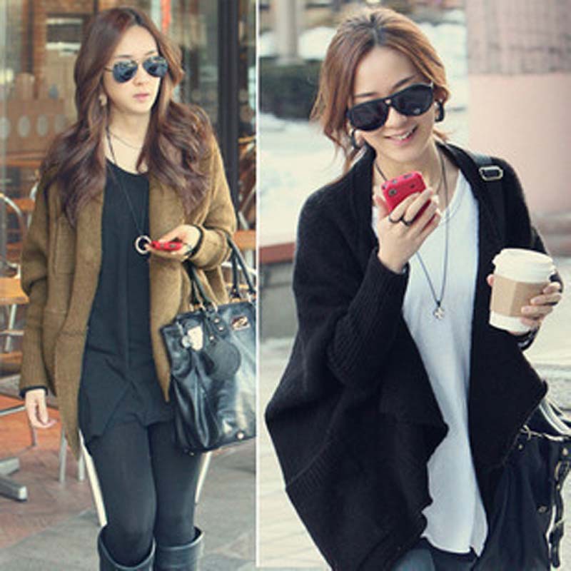 韩版秋冬女装新款蝙蝠袖中长款披肩大码针织开衫 宽松毛衣外套女