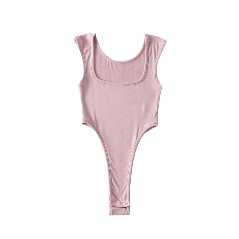 欧美复古方领露锁骨性感低胸连体衣裤女小众性感纯色打底吊带背心