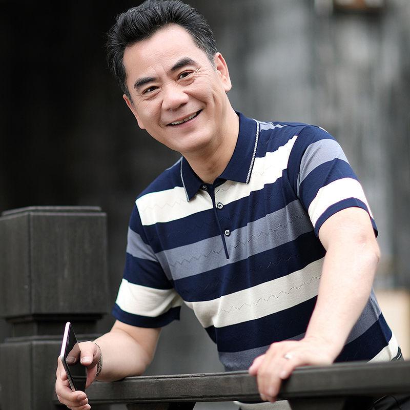 爸爸装短袖恤男夏装中老年人冰丝衫4050岁中年男士裇60上衣