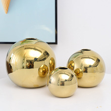 欧式简约电镀金属色圆球陶瓷花瓶摆件 样板房室内装修家居饰品