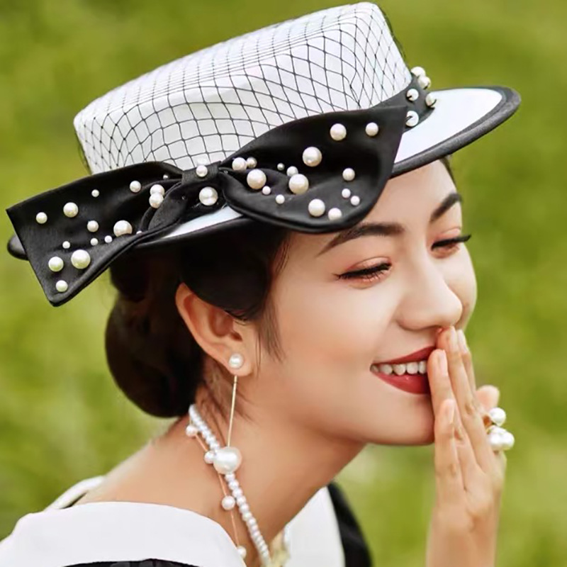 赫本复古蝴蝶结手缝网纱珍珠礼帽礼服旗袍影楼写真新娘帽子配饰