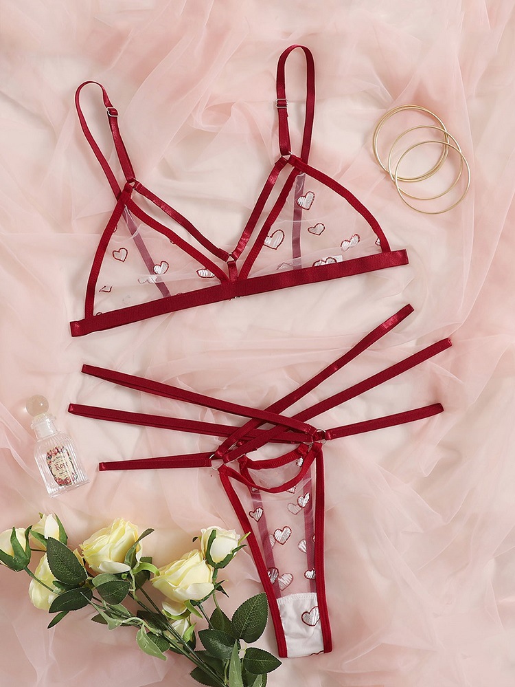 情趣内衣女 欧美外贸性感网纱透视爱心三点式情趣套装一件代发