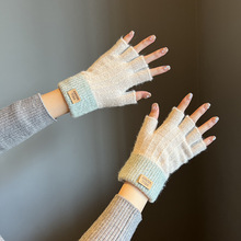 新款半指毛线手套女冬天针织可爱保暖开车骑车写字秋冬季学生露指