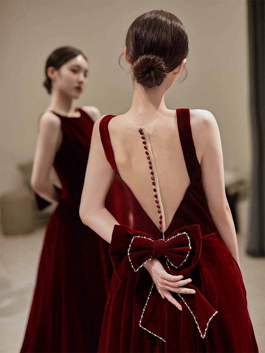 外贸货源 欧美酒红色订婚回门2022新款敬酒服新娘性感露背晚礼服