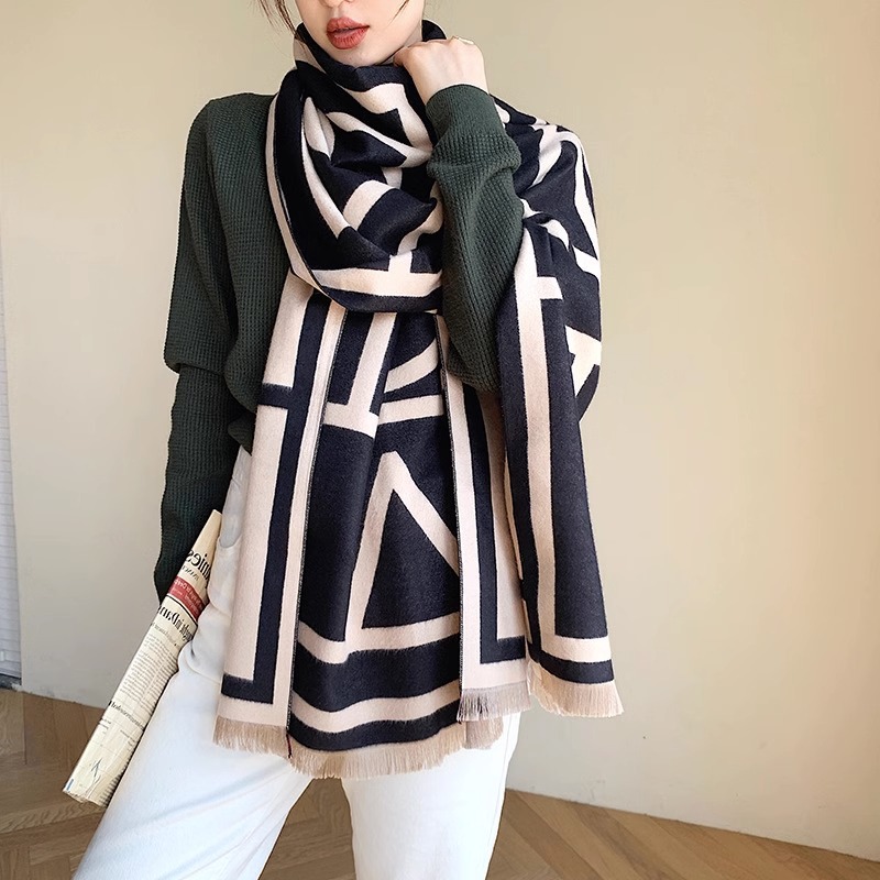 Classic Geometric Om Cashmere-like Scarf Air Conditioning Shawl Autumn and Winter All-Matching Lengthened Warm Jacquard Scarf for Women