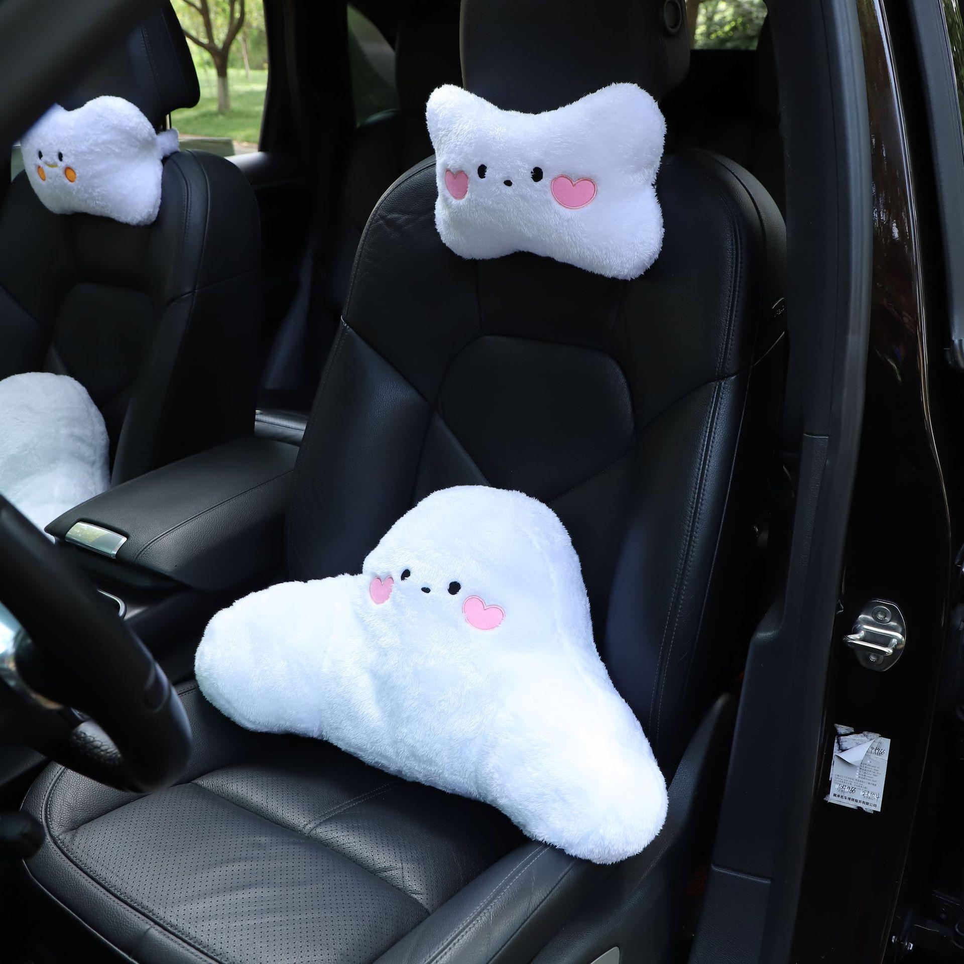 汽车头枕护颈枕 毛绒笑脸车用头枕抱枕 可爱卡通车载汽车内饰用品