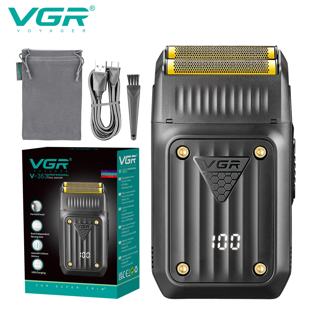 vgr跨境新款往复式剃须刀数显男士便携电动光头增白器刮胡刀v-363