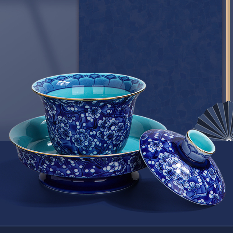 国潮风陶瓷盖碗茶具影青花瓷功夫茶杯薄胎满彩霁蓝釉三才茶碗盖碗