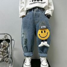韩版儿童立体帽子卡通笑脸牛仔裤春秋季时髦洋气破洞宽松男童长裤