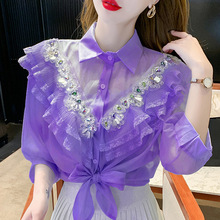 欧美风外贸女装重工镶水钻衬衣女紫色显白下摆绑带蝴蝶结衬衫花边