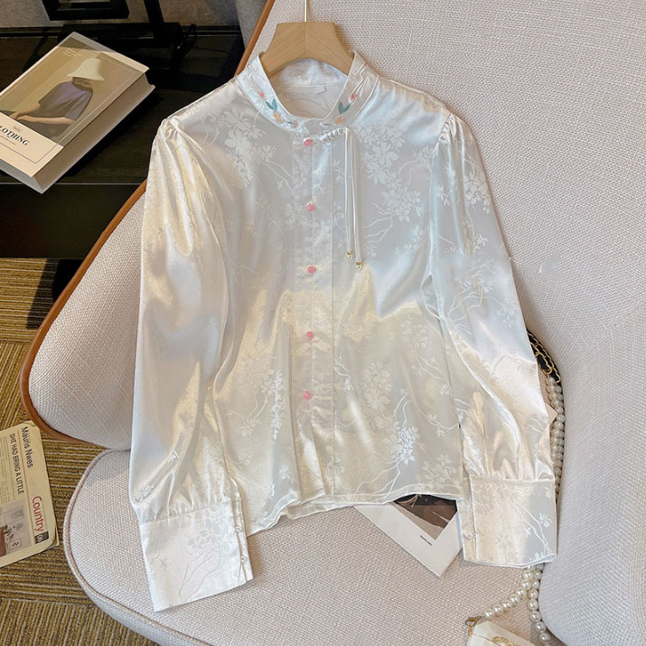 立领白色花边衬衫中式国风长袖减龄提花气质洋气小众设计感上衣女