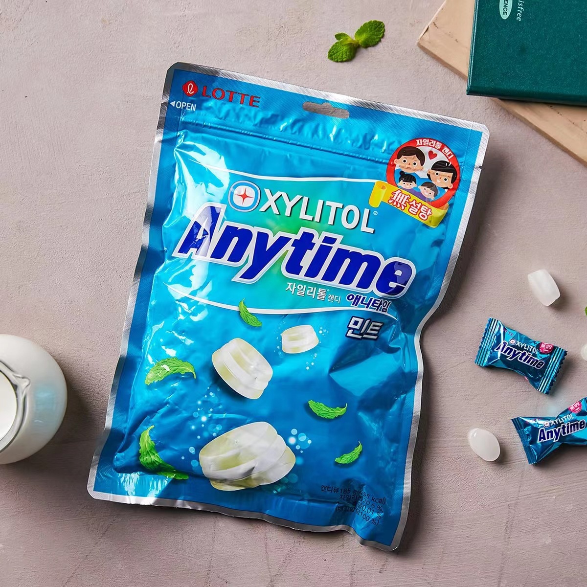 韩国进口乐天润喉糖三合一3层夹心牛奶味薄荷糖92g清凉硬糖零食