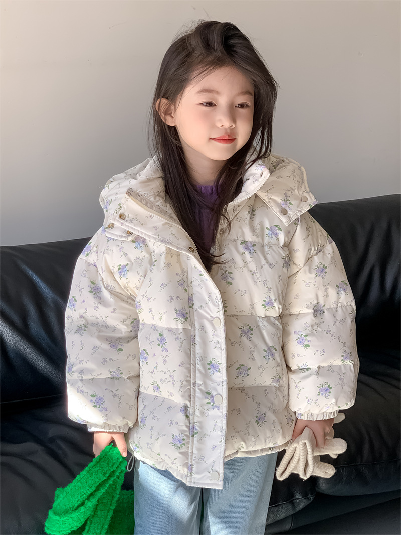 Flower and Search Girl's down Coat Winter Clothing 2023 New Fresh Floral Hooded White Duck down Warm Coat Tide