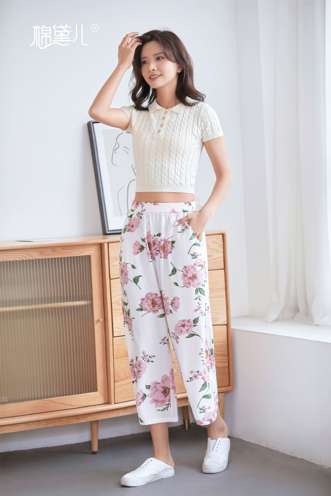 棉黛儿女士棉绸阔腿裤夏季薄款人造绵印花睡裤大码宽松可穿单裤