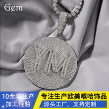 欧美hiphop嘻哈潮流男士大圆饼方锆字母吊坠个性夸张定制款饰品潮