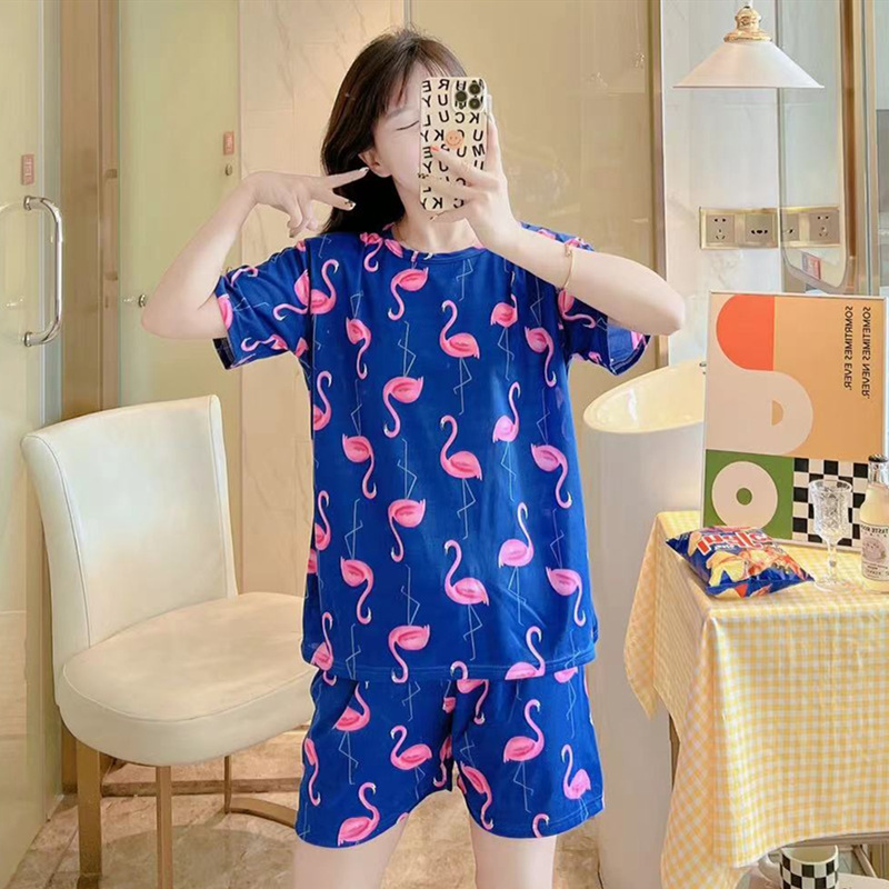 Factory Wholesale Multiple round Neck Short Sleeve Pajamas Women's Summer Casual Loose Milk Silk Home Wear Suit Foreign Trade Cross-Border