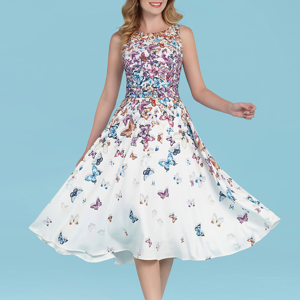 跨境2021夏季新款欧美女装蝴蝶印花无袖波西米亚风优雅礼服连衣裙