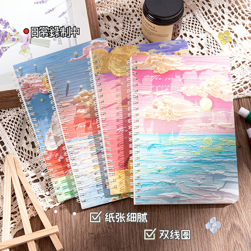 INS Oil Painting Landscape A5 Coil Notebook Student Diary Book Cute Stationery Notepad Thickened Horizontal Line Notebook