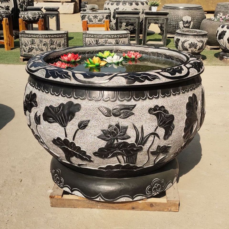 石雕鱼缸花盆青石仿古水缸石头荷花缸户外门海石缸庭院圆形石槽庭