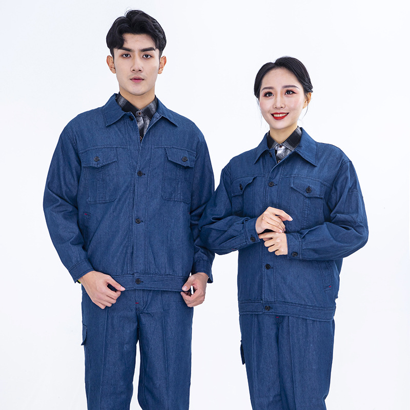 夏季长袖牛仔工作服套装男女工装透气舒适劳保服工厂车间工服