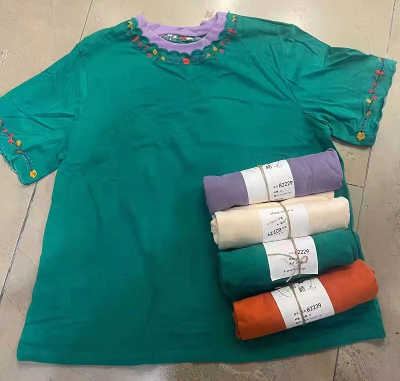 熊姑娘森女系纯色波浪花边圆领套头t恤短袖上衣女680119