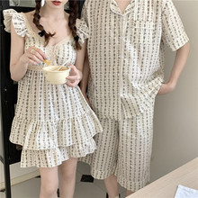 韩国ins女士夏季新情侣国风印花度假蕾丝吊带家居服套装睡衣睡裙