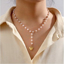 欧美跨境饰品气质长款珍珠流苏爱心吊坠女式项链时尚爱心珍珠项链