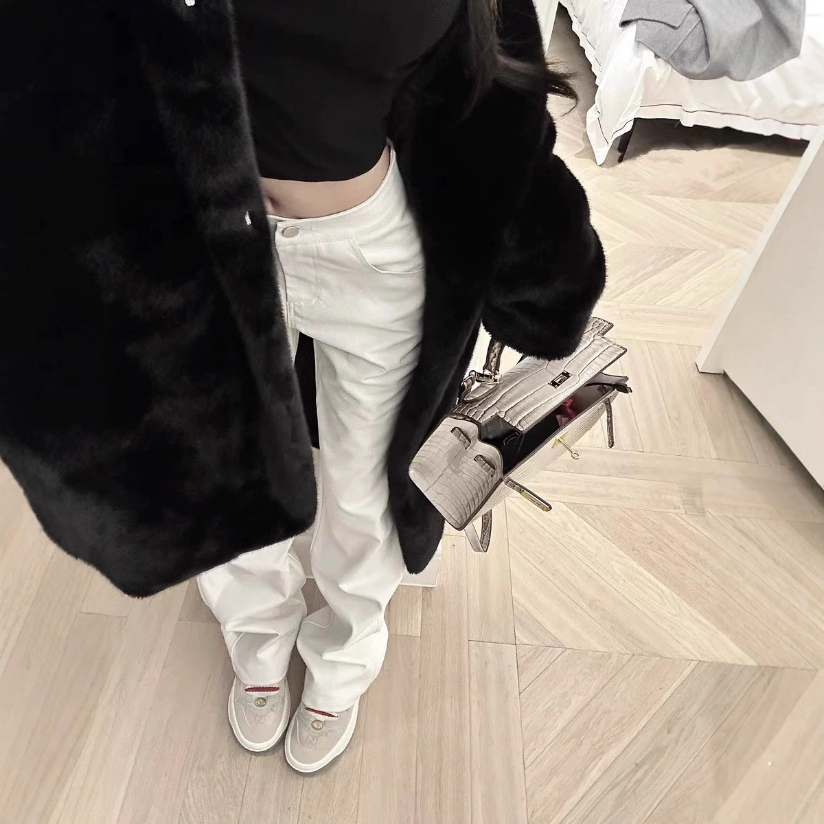 Du家 美式白色纹理休闲裤v字腰头皮裤女秋新款高腰直筒设计感长裤