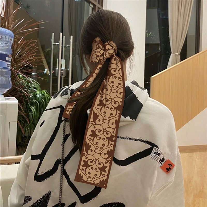 2022 Spring and Summer Artificial Silk Mid-Length Silk Scarf Women's New Printed Hair Band Thin Narrow Ribbon Arm Bag in Stock Wholesale