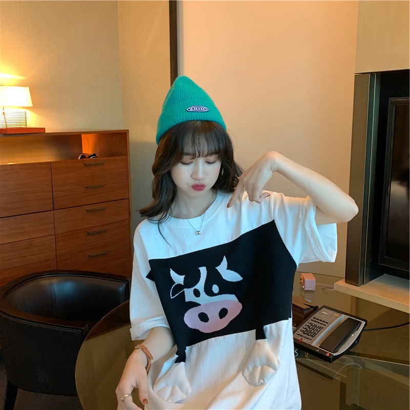 2022新款奶牛头立体贴布短袖t恤女牛半袖t恤韩版百搭显瘦上衣