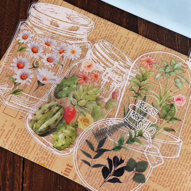 Transparent Vintage Wishing Bottle Stickers Wholesale Journal Material Simulation Flowers Bookmark Decorative Glass Bottle Transparent Stickers