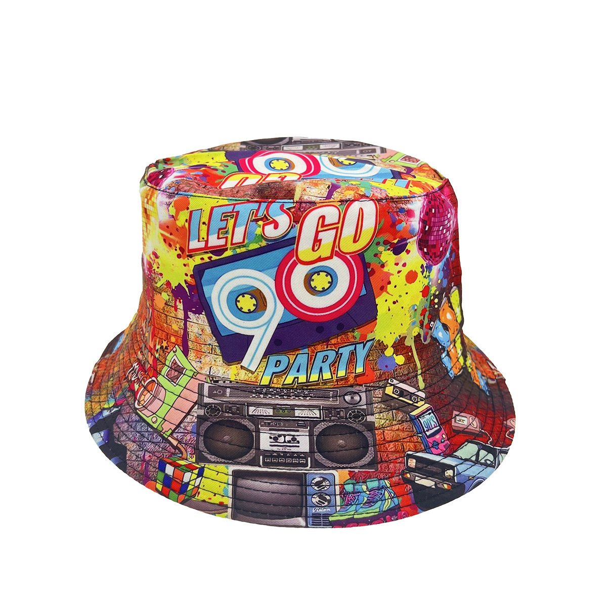 Cross-Border Retro Nostalgic Bucket Hat Female 80S 90S Pattern Letter Printing Bucket Hat Spring and Summer Double-Sided Sun Hat Men