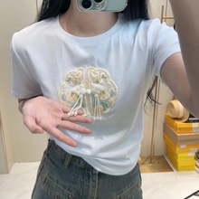 夏季新中式国风流苏盘扣短袖T恤女重工绣花独特别致上衣复古小衫