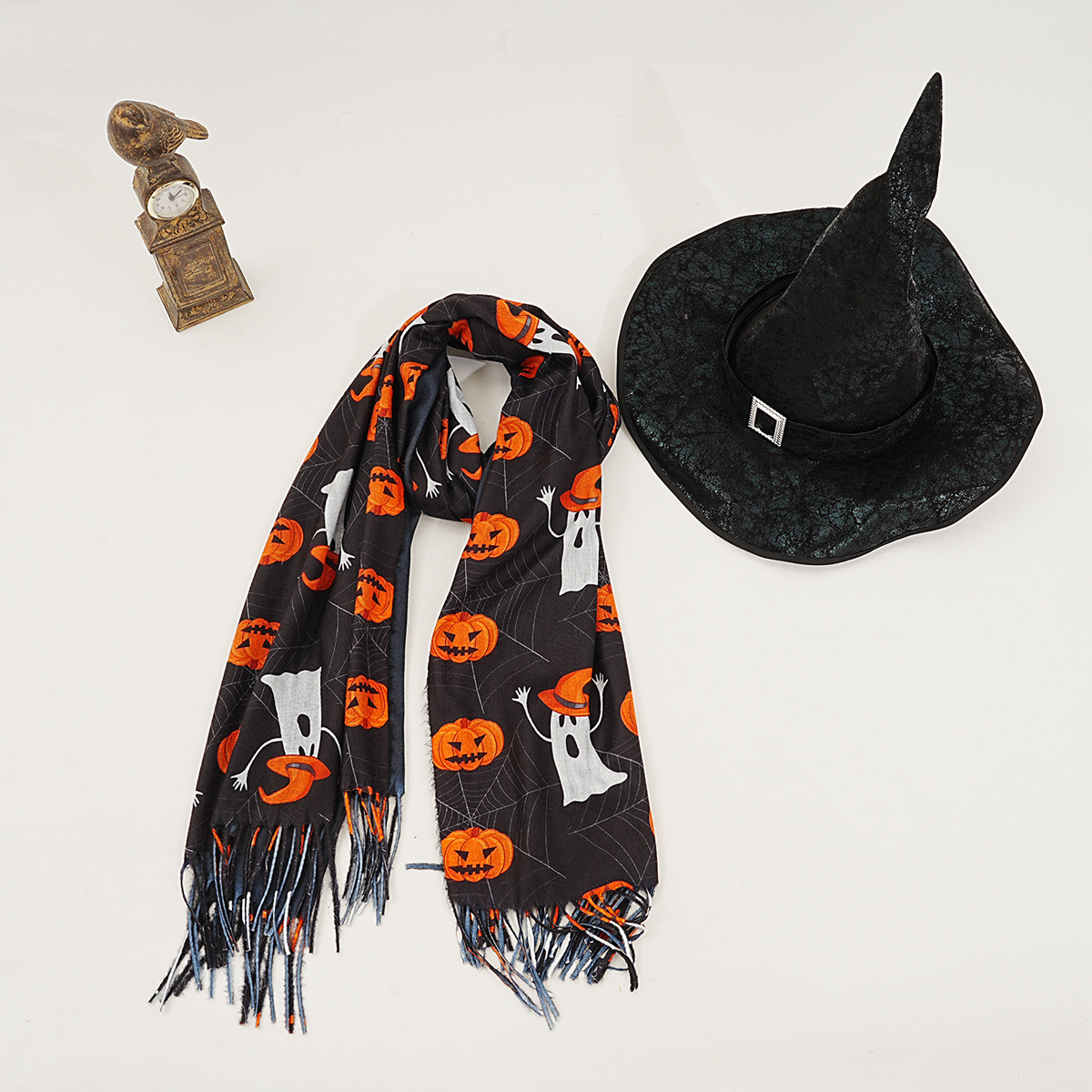New Cashmere-like Black Halloween Ghost Pumpkin Digital Printing Scarf Magic Awakening Wizard's Hat Set