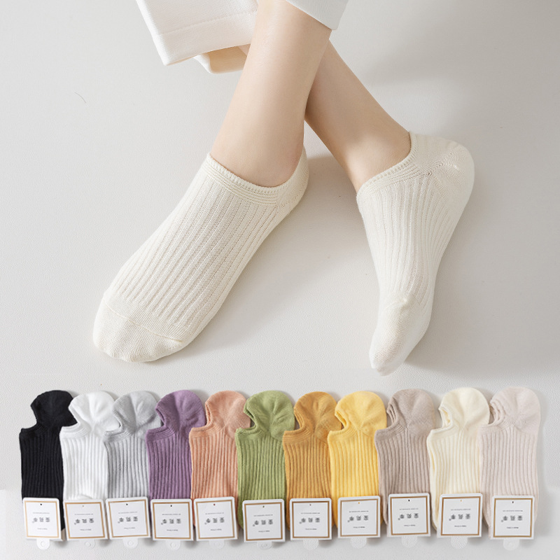 Double Needle Socks Boat Socks Women Spring and Summer Solid Color All Cotton Socks Women with Silicone Non-Slip Tight Low Top Invisible Socks