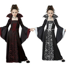 欧美新款万圣节儿童服装女巫服中世纪复古系带立领喇叭袖印花长裙
