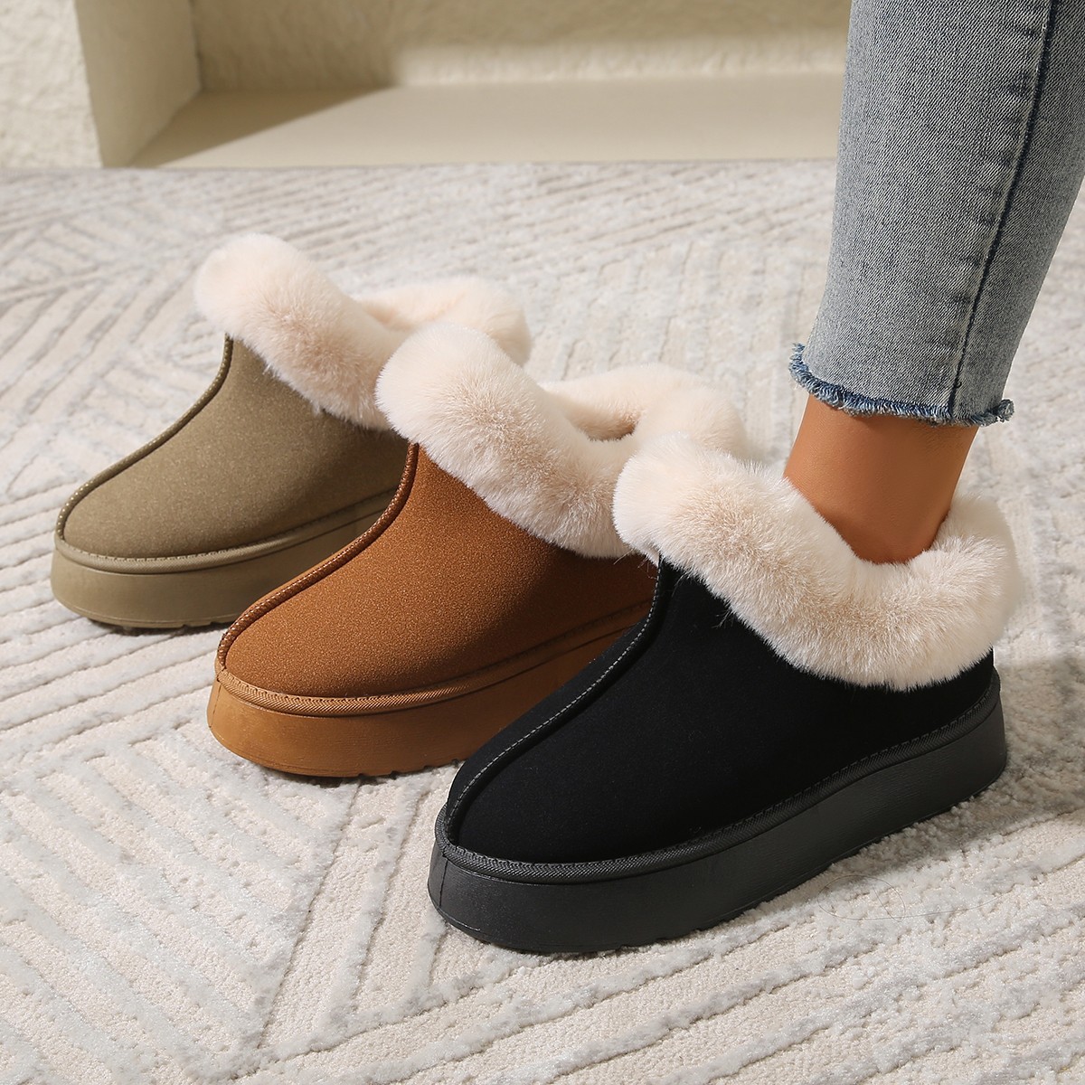 毛毛口雪地靴女2024年秋冬季新款韩版厚底短筒一脚蹬保暖舒适棉鞋