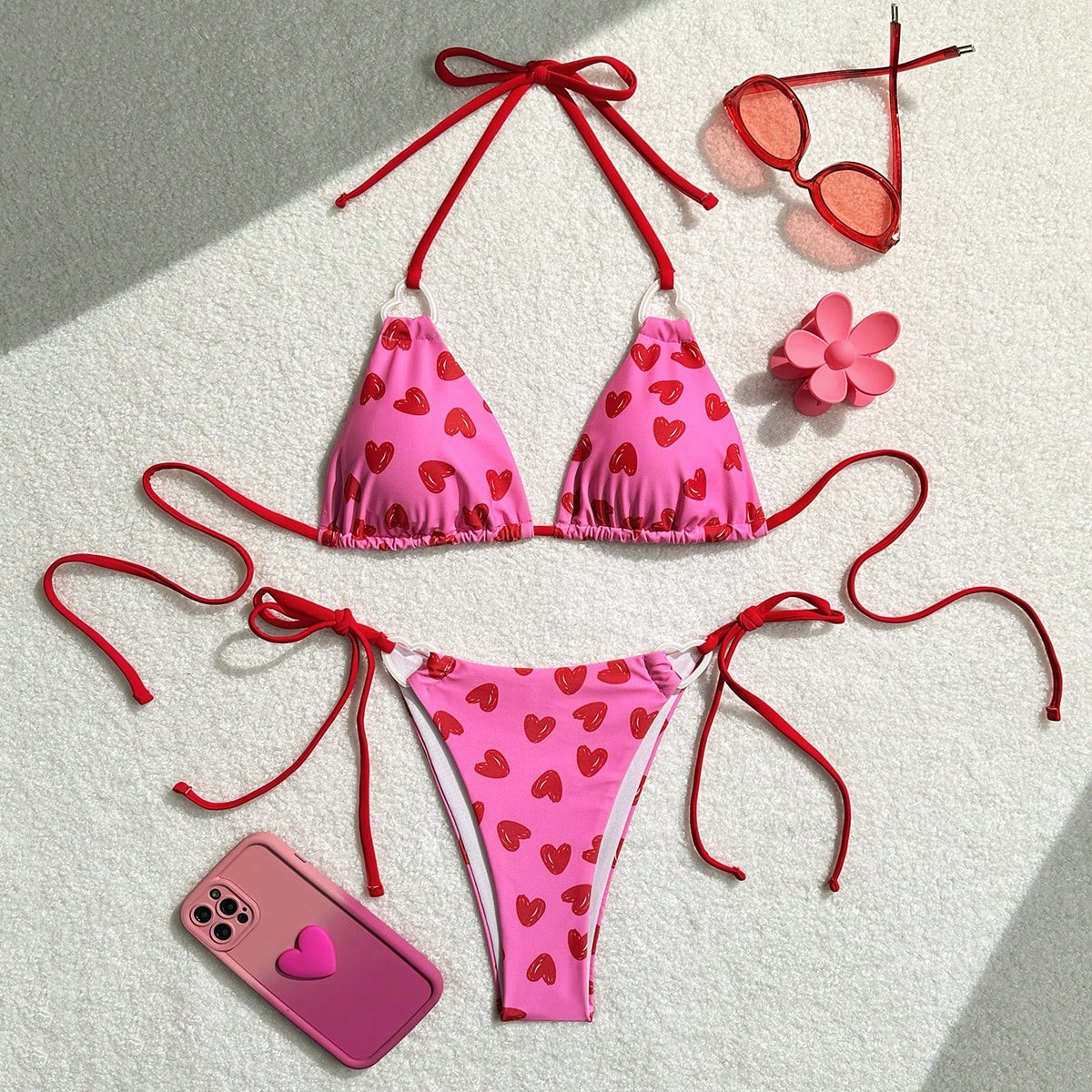 欧美女泳装亚马逊泳衣比基尼可爱跨境ins新款少女心型印花细带