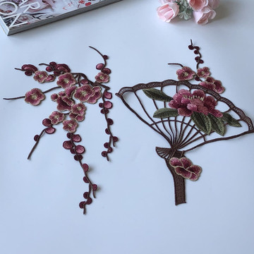 金线牡丹梅花扇子刺绣布贴水溶绣补丁旗袍衣服装饰辅料手缝补diy