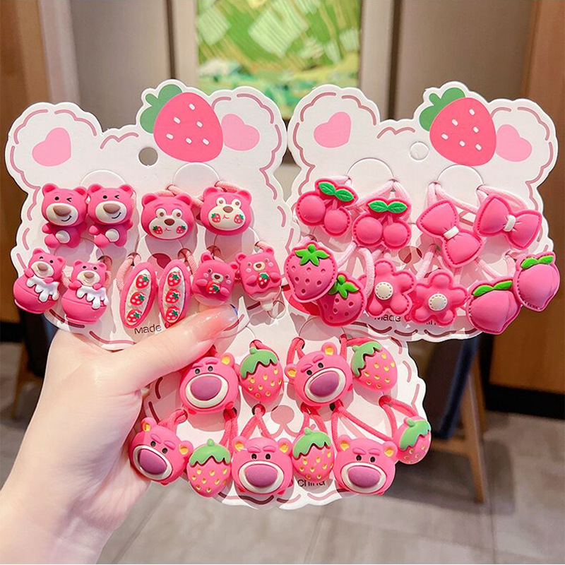 Children‘s Hair Accessories Hair Ring Strawberry Bear Hair Rope Handmade Hair Elastic Band Cartoon Resin Hairband Jewelry Headdress