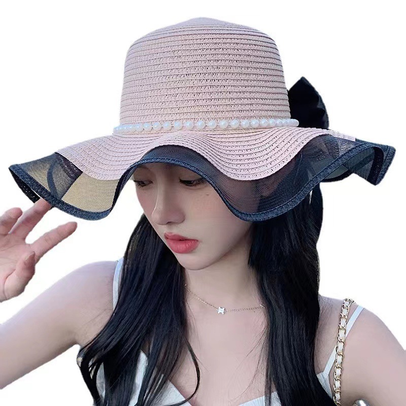 Summer Little Fresh Sweet Woven Straw Hat for Women Solid Color Sun Hat Mesh Bow Big Brim Hat