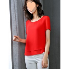 雪纺短袖上衣女短款遮肚子中国红女装小衫2023宽松沙料雪纺衫