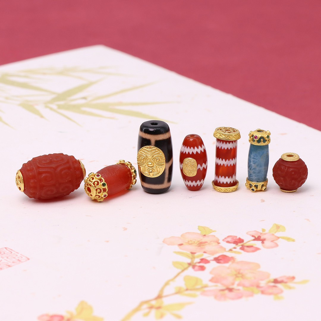 Gufa Alluvial Gold Zaki Spacer Beads Accessories Bracelet Accessories Xiangyun Tibet Beads South Red Barrel Shaped Bead Bracelet Beads Accessories Agate Parts