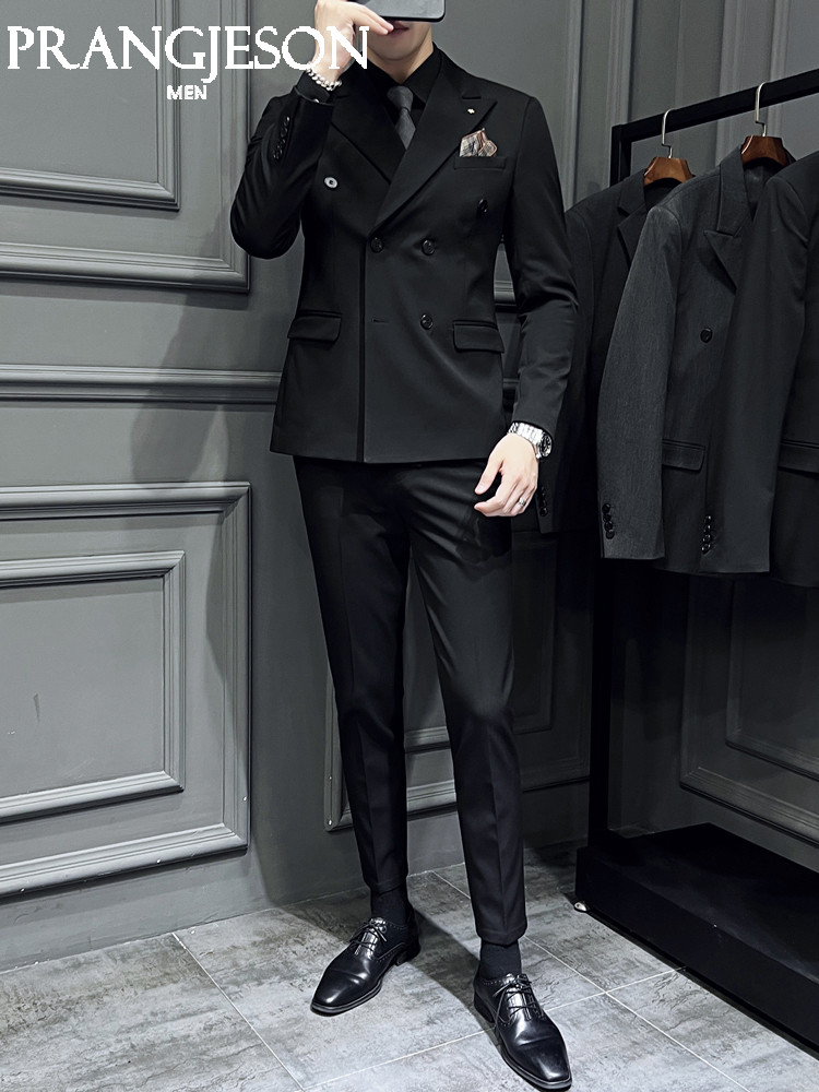 高定双排扣西装男套装英伦修身男士大码西服三件套结婚新郎礼服潮