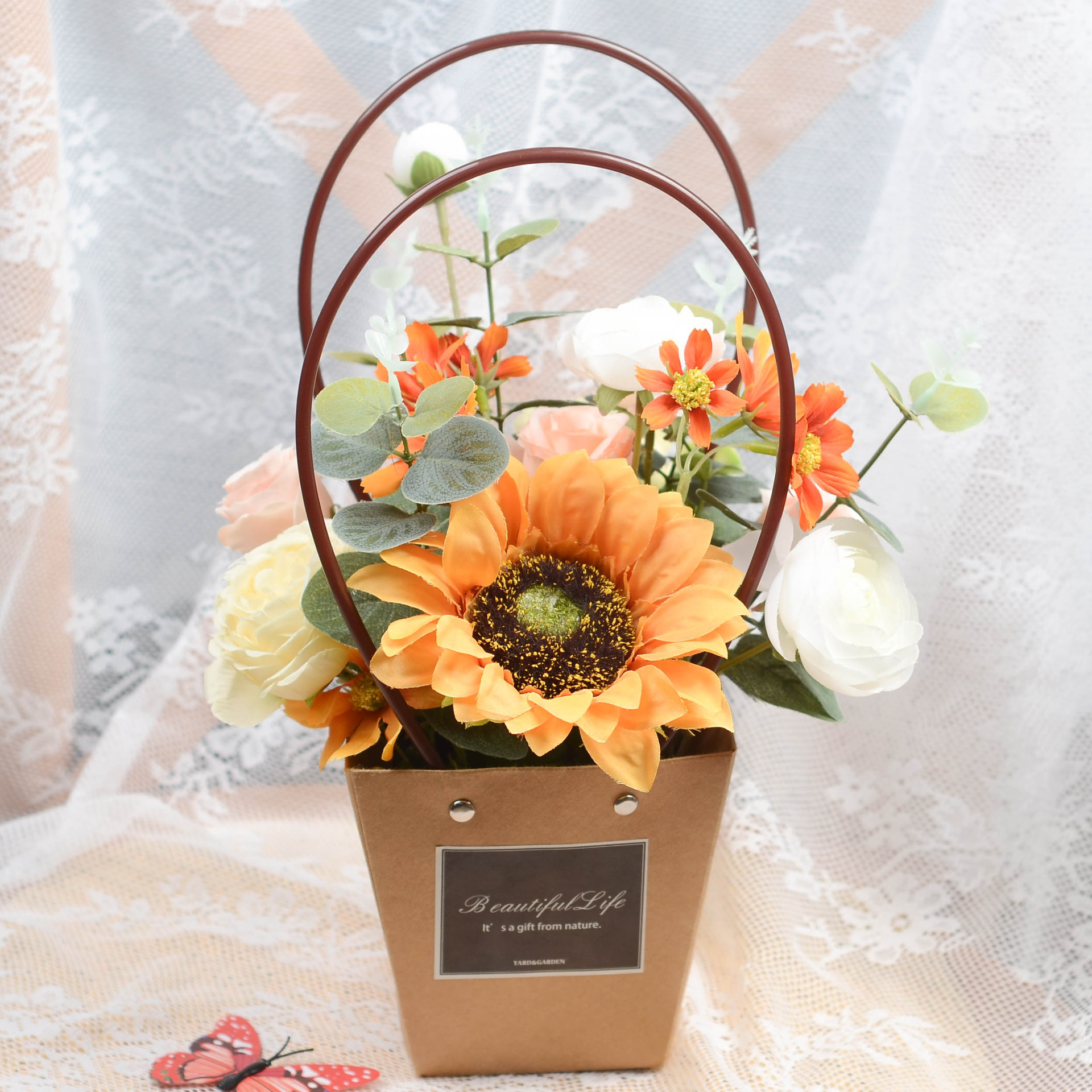 小清新手提花篮仿真小盆栽摆件太阳花装饰餐吧酒店婚庆桌面盆景