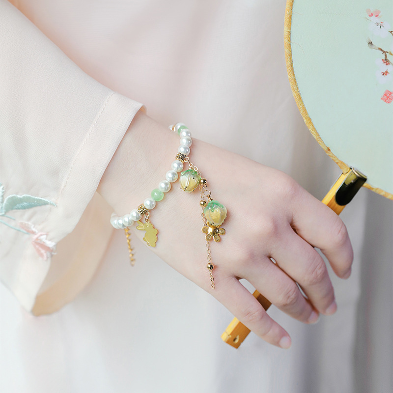 珍珠手链女古风汉服配饰手饰贝珠热缩草莓饰品古装仙气流苏手镯