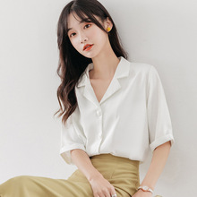 西装v领雪纺白色衬衫女短袖夏季韩版宽松职业气质设计感中袖衬衣
