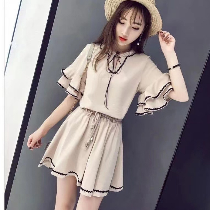 Ruffled Collar Shorts Suit Women's Summer 2023 New Korean Style Fashionable Stylish Short Sleeve Two-Piece Suit